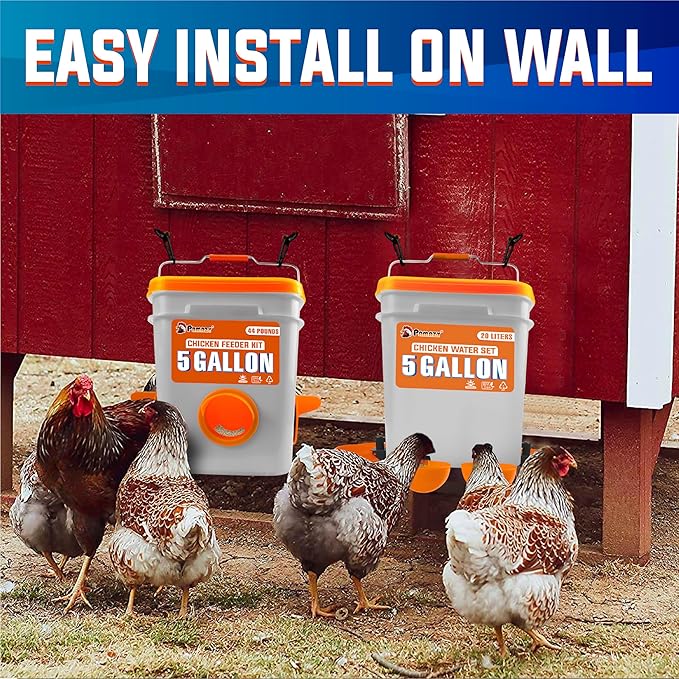 5-Gallon/44 Pounds Automatic Chicken Feeder & Waterer Set(2 Buckets), Chicken Feeder Port & Water Cup No Waste, Rain Proof Poultry Feeder, Avoid Small Animals Suitable for Chicken, Duck, Turkey
