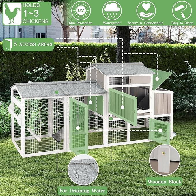 Chicken Coop Mobile Wooden Hen House with Nesting Box,166.4" L Outdoor Chicken House with 4 Wheels and Removable Tray,Fir Wood Chicken Tractor with 12 Ventilation Doors and 2 Ramps,Grey