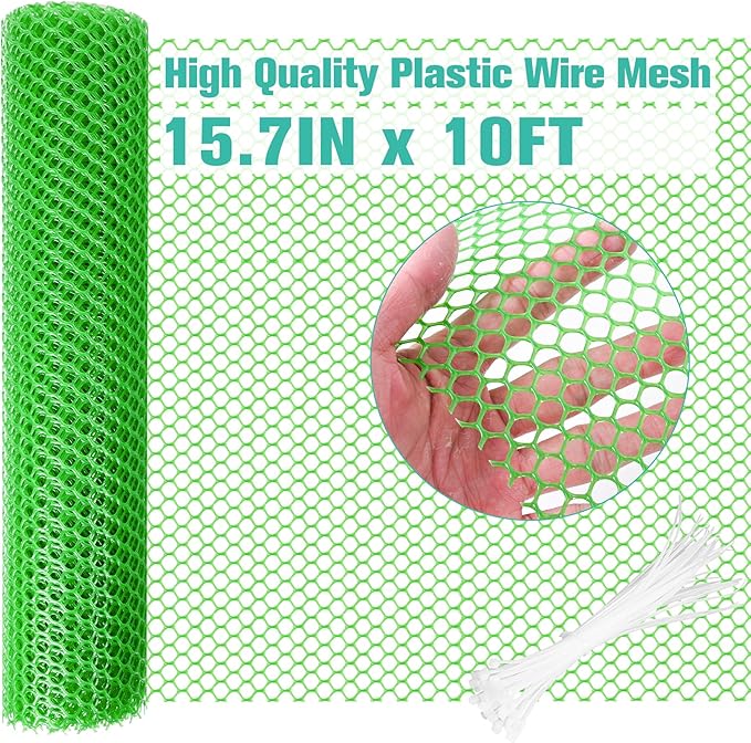 Plastic Mesh Fence Sheet 15.7IN x 10FT - 0.3IN Opening Plastic Chicken Wire Netting Roll Durable for Dogs, Poultry, Puppy, Garden Snake Barrier with 50 Pcs Zip Ties - Green