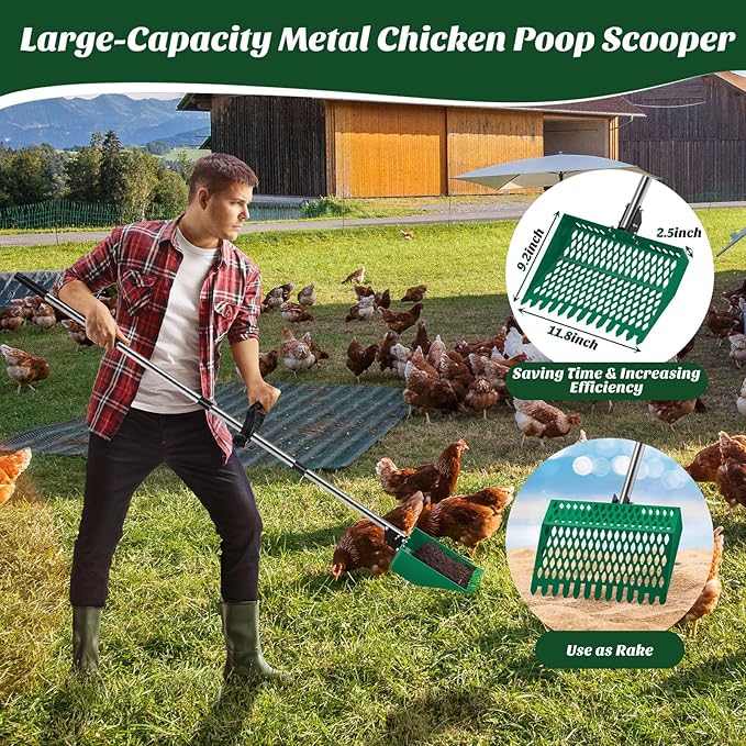OYEAL Chicken Poop Scooper for Coop, 2-in-1 Metal Rake & Pooper Scooper Sand Sifting Shovel with Grip, Poop Scoop Shovel Litter Scooper for Small Farm Animals, Chicken Supplies, Green