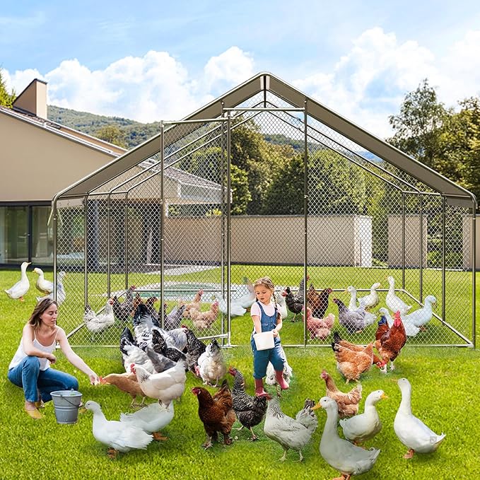 Large Walk-in Chicken Coop with Run, 9.8' x 19.7' Outdoor Chicken Runs for Yard with Cover, Metal Poultry Cage for Chickens, Ducks, Birds