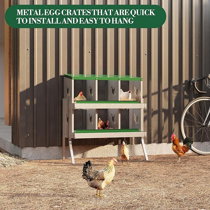 Chicken Nesting Boxes with Roll Away Egg Tray,6/8/10 Compartments, Steel Rustproof & Ventilated Laying Boxes for Hens, Chickens, Ducks, Easy-Clean Poultry Coop Accessories Stand/NO Stand
