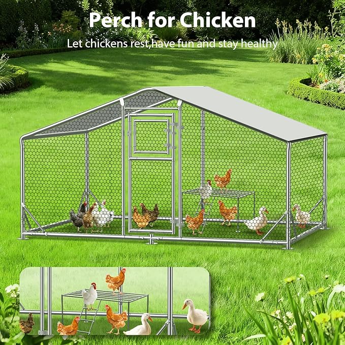 10x6.5 FT Metal Chicken Coop with Perch, Functional Split Door Chicken Coop Run with Cover & Hardware Cloth,Heavy Duty Chicken Pen with Aluminum Frame, Easy Setup Animal Run for Hen, Duck, Goat
