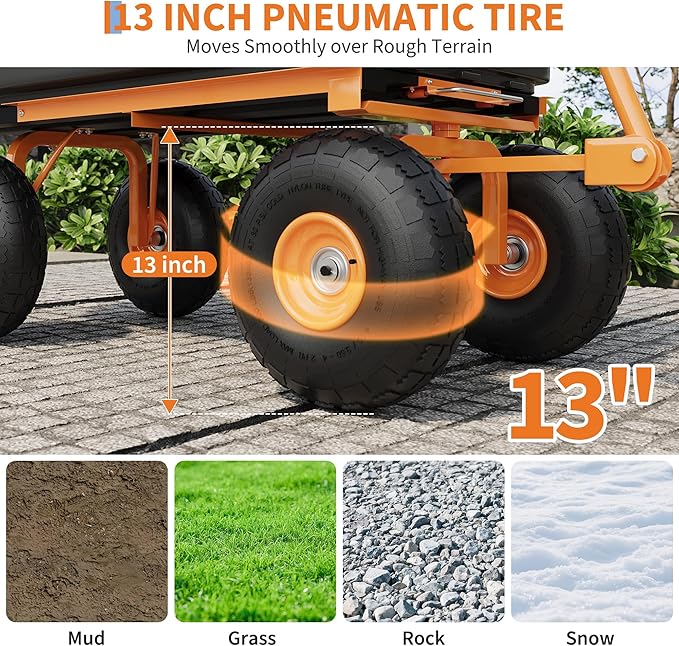 Heavy Duty Garden Dump Cart 1200 lbs, 6 Cu.Ft. Yard Wagon with Quick-Release Tipping, 13" All-Terrain Wheels, 4-Wheel Wheelbarrow for Outdoor Gardening, Farm – Black Bucket & Orange Iron Handle |
