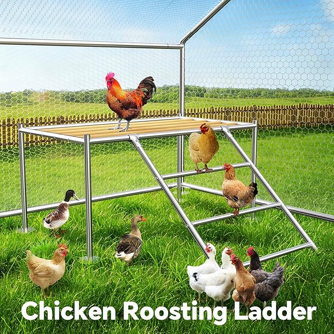 Large Metal Chicken Coop with Roosting Ladder, UV-Resistant and Waterproof Cover, Outdoor Walk-in Cage Hen House for Yard Farm Rabbit Duck Chicken Run, Spire Roof (13.1'W x 9.8'L x 6.4'H)