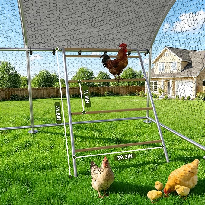 Large Metal Chicken Coop with Roosting Perch Walk-in Poultry Cage Chicken Run Duck House Chicken Pen Dome Shaped Coop with Waterproof Cover for Outdoor Backyard Farm Use(10' L x 19.7' W x 6.4' H)