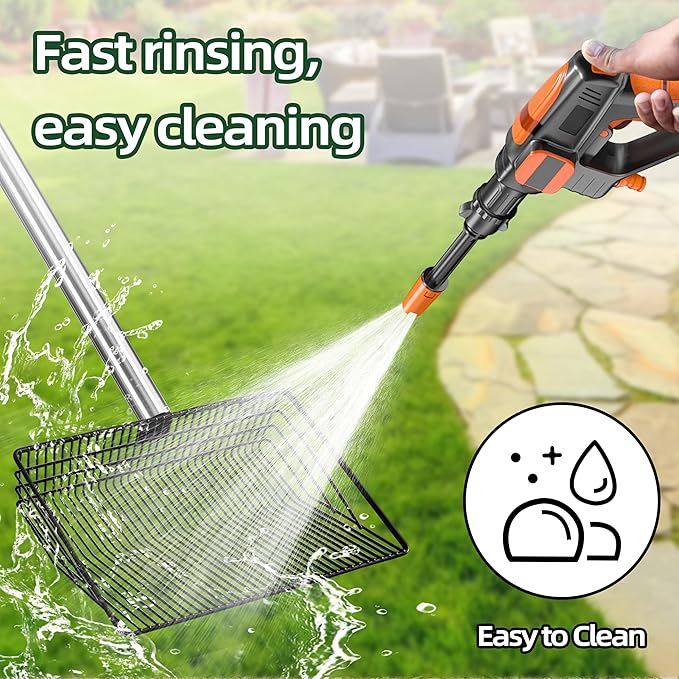 Jusoney 10" Stainless Steel Manure Scoop w/4-in-1 Adjustable Handle (35"-62"), Ergonomic Sifter Shovel for Chicken Coop, Cat Litter, Pet Waste Cleaning Tools