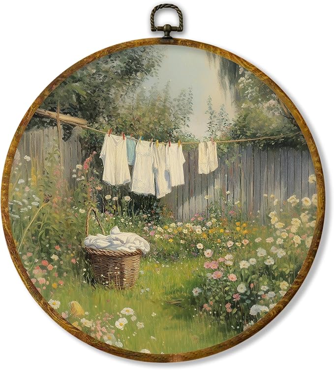 Hiuwevt French Country Cottagecore Laundry Day Farmhouse Round Wall Art Decor, xxx Framed Canvas Prints, xxx Round Wall Hanging Decor for Bedroom Home Decorations, 10x10 Inches