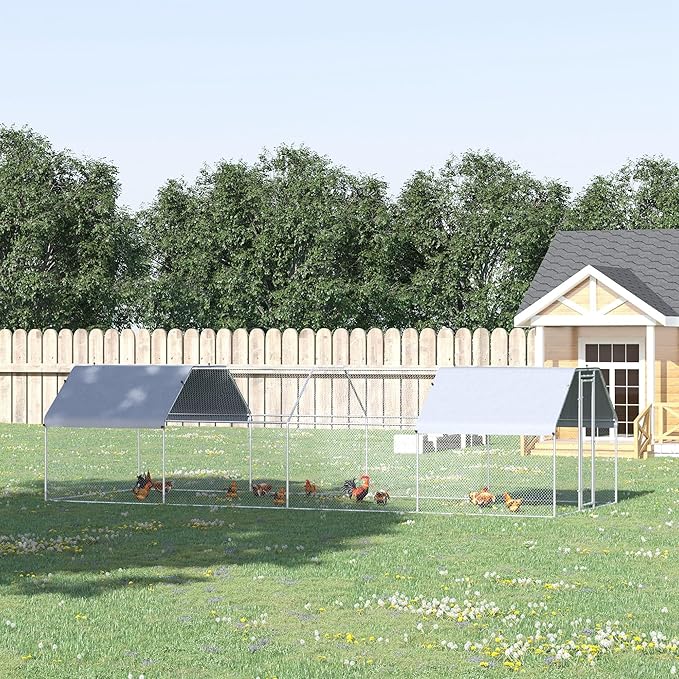 PawHut Large Chicken Coop Metal Chicken Run with Waterproof and Anti-UV Cover, Flat Shaped Walk-in Fence Cage Hen House for Outdoor and Yard Farm Use, 1.3" Tube Diameter, 9' x 24' x 6.5'