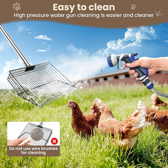 Chicken Poop Scooper,10-inch 37 to 63" Long Chicken Coop Scoop with Stainless Steel Handle, Chicken Coop Cleaning Rake for Poop Sand, Large Hen Litter Sifter Shovel
