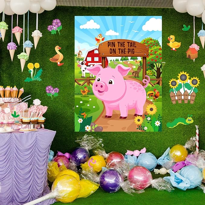 Faccito Farm Animal Games Pin The Tail on The Animals Barnyard Birthday Party Decorations Farm Poster Games with 24 Stickers 2 Eye Masks for Family Activities Birthday Party Decor Supplies(Pig)