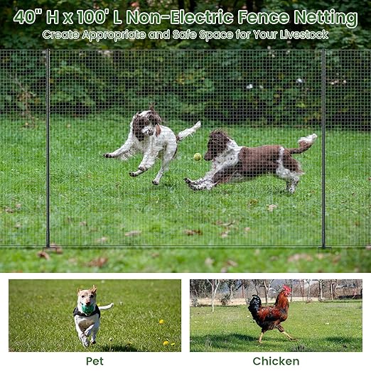 Non Electric Fence Netting, 40" x100' Portable Movable Livestock Nets Mesh for Chickens,Goats, Sheep, Dog, All-Purpose Fencing for Backyards, Homesteaders, Farms Ranches, and Gardens