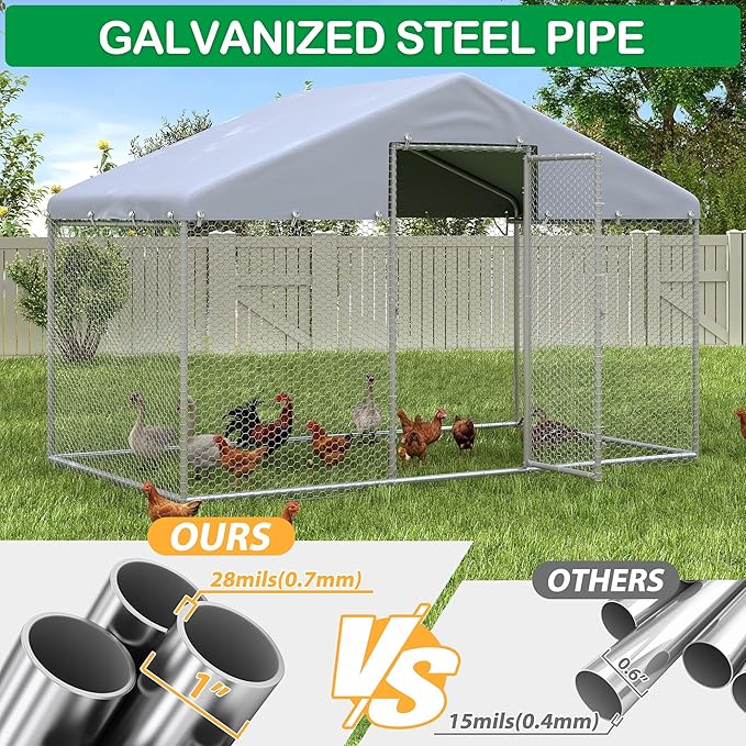 Large Metal Chicken Coop, Walk-in Chicken Run Pen with Waterproof Cover, Spire Roof Poultry Cage for Outdoor, Backyard, Farm (6.4'Wx9.7'Lx6.4'H)