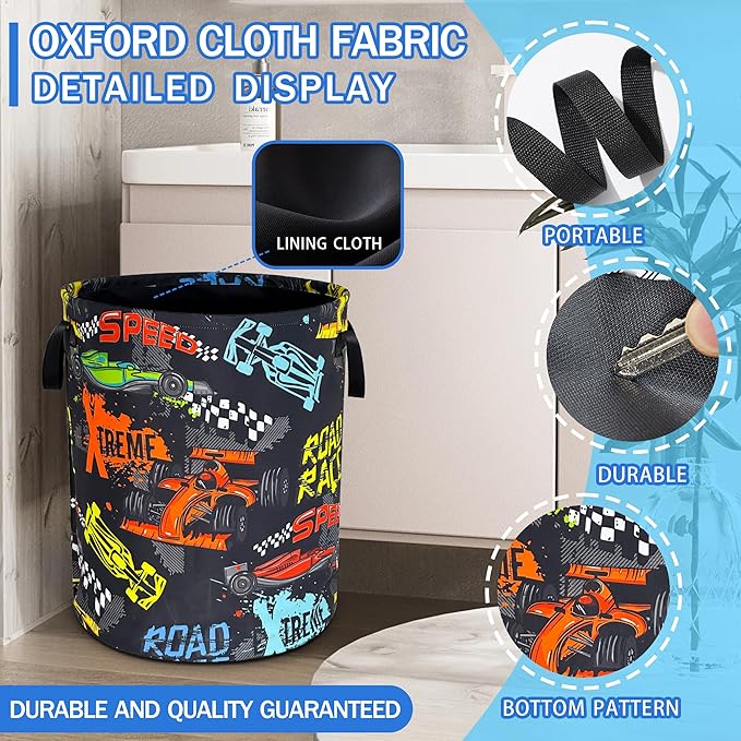 Racing Laundry Basket Oxford Cloth Funny Race Car Laundry Hamper With Handle Foldable Portable Clothes Storage Basket 18.9 X 16.5 In Storage Bag For Laundry Room/Bathroom/Bedroom/Dormitories