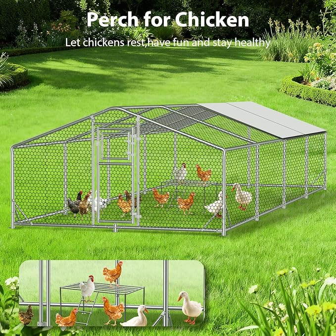 26x10FT Extra Large Metal Chicken Coop with Perch, Functional Split Door Chicken Coop Run with Cover & Hardware Cloth,Heavy Duty Chicken Pen with Aluminum Frame, Easy Setup Animal Run for Hen, Duck