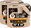 Heavy Duty Tan Poly Tarp 10' X 10' (2-Pack) - Multipurpose Protective Cover - Durable, Waterproof, Weather Proof, Rip and Tear Resistant - Extra Thick 12 Mil Polyethylene - by Xpose Safety