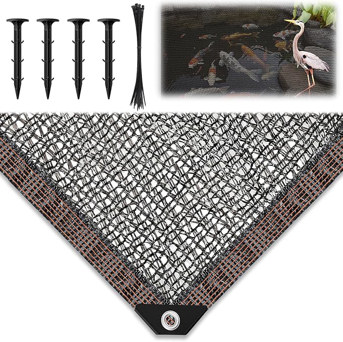 Koi Pond Netting Kit 19.7x19.7ft, Heavy-Duty Pe, Bird Deer Fence Netting, Durable Net Cover for Leaves, Protect Fish from Blue Heron Bird, Cat & Predator, Stakes & Ties Included