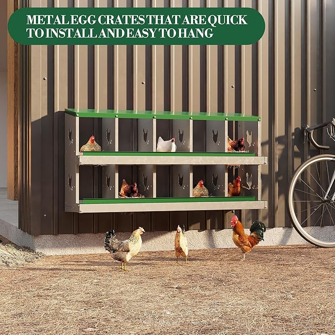 Heavy Duty Galvanized Metal Chicken Nesting Box - Rustproof Egg Laying Box for Hens with Slanted Roof, Rollout Design - Wall Mount or Freestanding Poultry Nest for Chicken Coop (10-Hole)