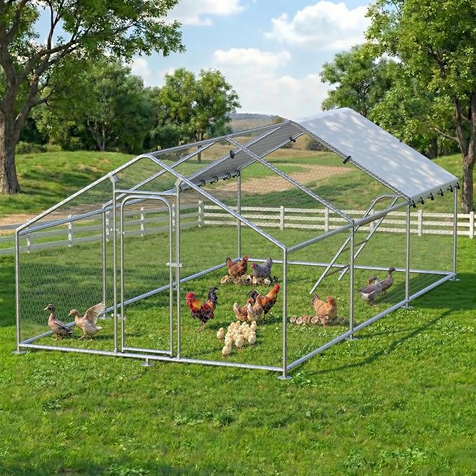 Large Metal Chicken Coop with Waterproof and UV-Resistant Cover,Chicken Run Outdoor Walk-in Cage Rabbit Duck Hen House for Yard Farm Use Spire Roof(10' L x 14.8' W x 6.4' H)