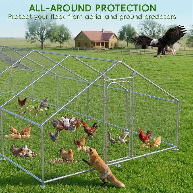 Large Metal Chicken Coop with Roosting Perch, Waterproof and UV Protection Cover, Chicken Run Outdoor Walk-in Cage Chicken Rabbit Duck House, Spire Roof (10'W x 32.8'L x 6.4'H)