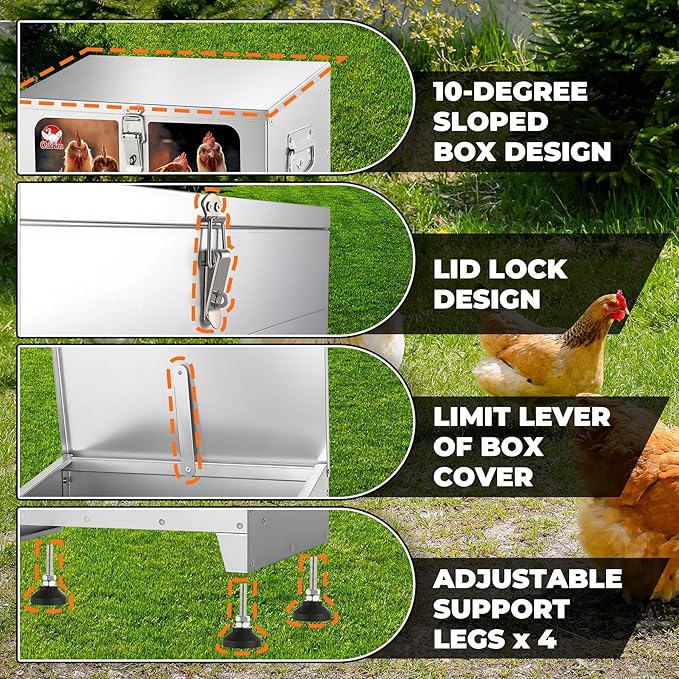 25 lbs 4-Port Automatic Chicken Feeder Box with Locking Lid&Riveted Handles,Chicken Feeder No Waste, Adjustable Legs for Chickens, Poultry Coop,Large Capacity Rainproof Metal Chicken Feeders