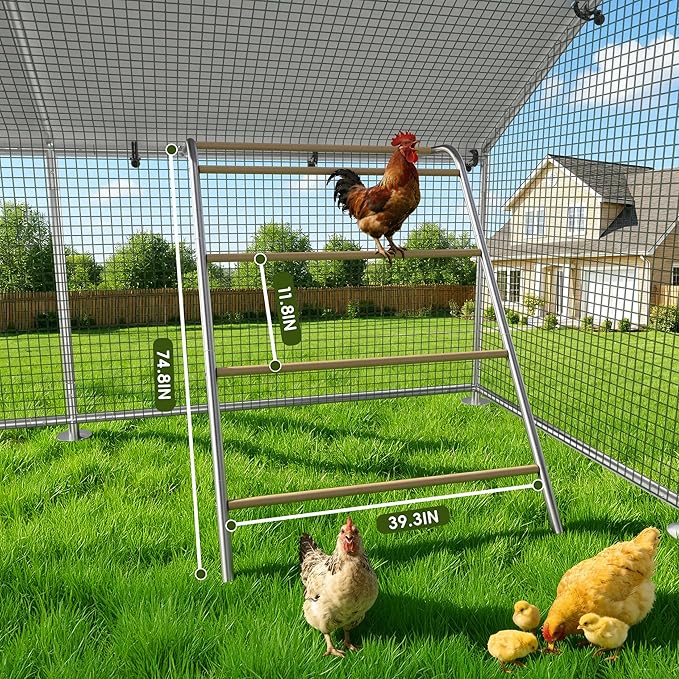Large Metal Chicken Coop Run with Roosting Perch, Outdoor Poultry Cage with Heavy Duty Wire Mesh and UV-Resistant Cover for Chickens Use, Spire Roof (8.9'W x11.8'L x 6.6'H)