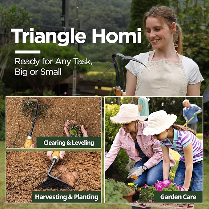 Triangle Homi Hand Hoe - Traditional Handmade Korean Garden Tool for Weeding Digging & Planting with Forged Steel & Chestnut and Acacia Wood Handle