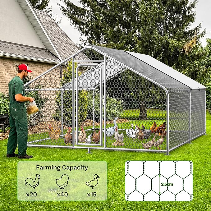 Large Metal Chicken Coop,13.1'L x 9.8'W x 6.6'H Chicken Run,Walk in Chicken Pen with Cover for Yard,Large Poultry Cage for Duck Rabbit