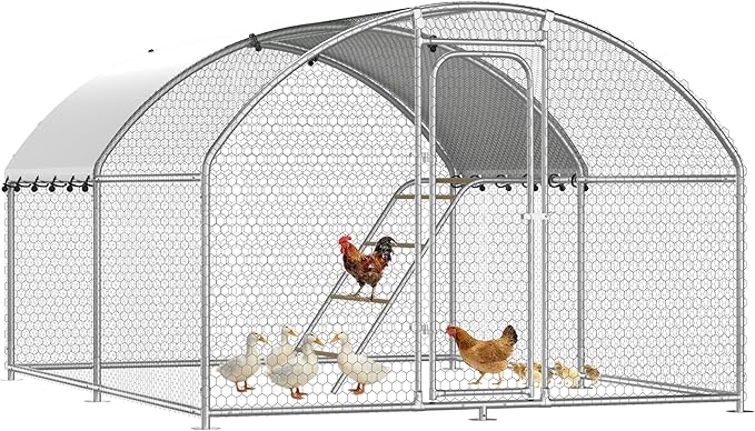 Large Metal Chicken Coop with Roosting Perch Walk-in Poultry Cage Chicken Run Duck House Chicken Pen Dome Shaped Coop with Waterproof Cover for Outdoor Backyard Farm Use(10' L x 13.2' W x 6.4' H)