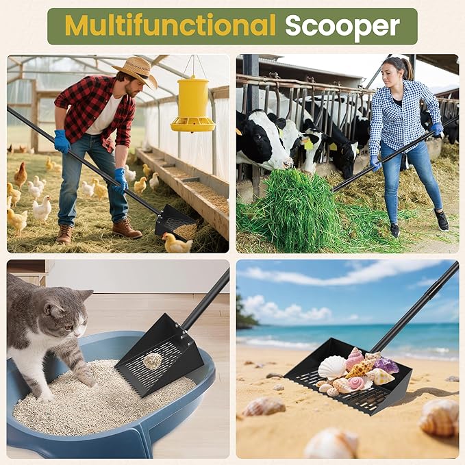 Alloy Steel Chicken Poop Scooper for Sand - 15.7” Extra Large Chicken Coop Scoop - Simplified Cleaning 40-67” Poop Scoop with Adjustable Handle