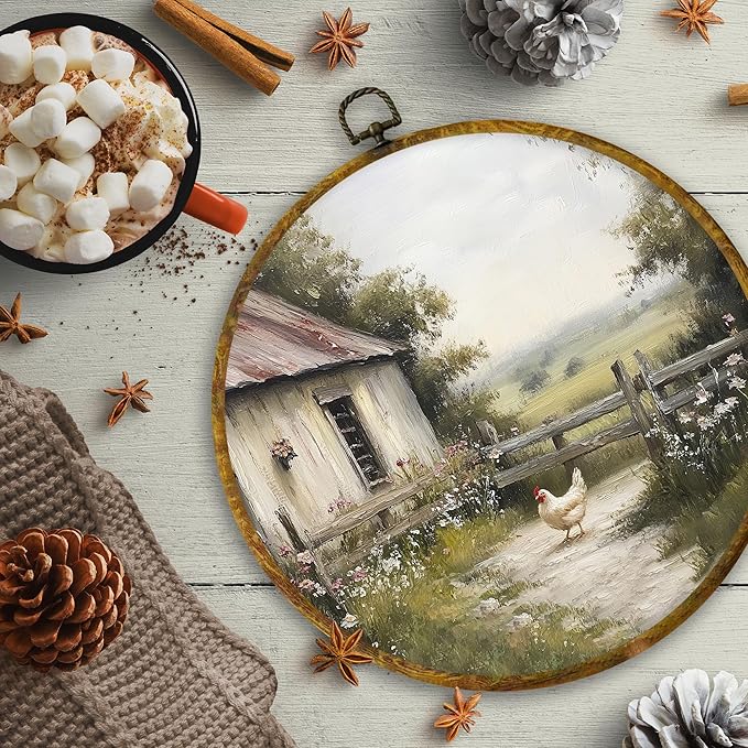 CUANFDDSF Vintage Countryside Farmhouse Chickens Round Wall Art, Rustic Cottagecore Kitchen Framed Hanging Wall Decor, Country Animal Scene Canvas Prints Decorations for Farm House Room, 10x10 Inch