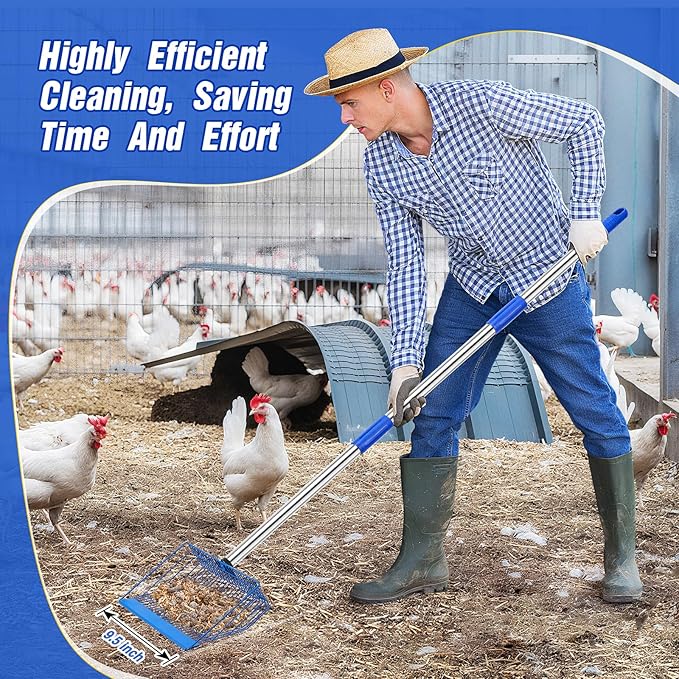 Large Chicken Poop Scooper, Heavy Duty Chicken Coop Scoop for Sand, 35" to 64" Adjustable Stainless Steel Handle, Litter Sifting Shovel for Farm Chicken Coop/Goat Stall/Stable Cleaning