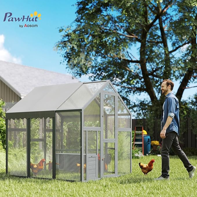 PawHut Large Chicken Run, Wooden Chicken Coop with Waterproof & Anti-UV Cover, Split Door, 2 Nesting Boxes, 2 Roosting Bars, Walk-in Poultry Pen for 6-8 Hens, for Backyard, Farm, 5.5' x 6' x 6'