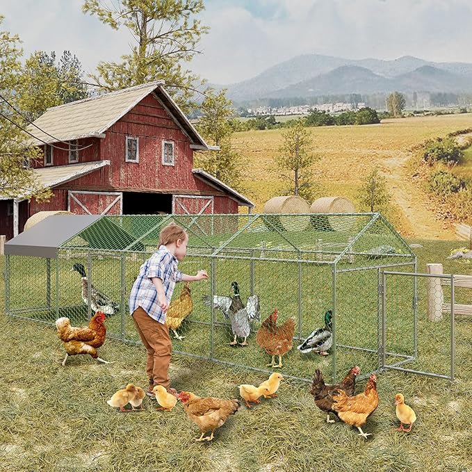 Large Metal Chicken Coop with Waterproof Cover – 120"/160" l x 40" w Chicken Runs for Yard with Cover, Compartments & Doors, Outdoor Chicken Run for Rabbit, Duck, Goose, Backyard Yard (Silver/Black)