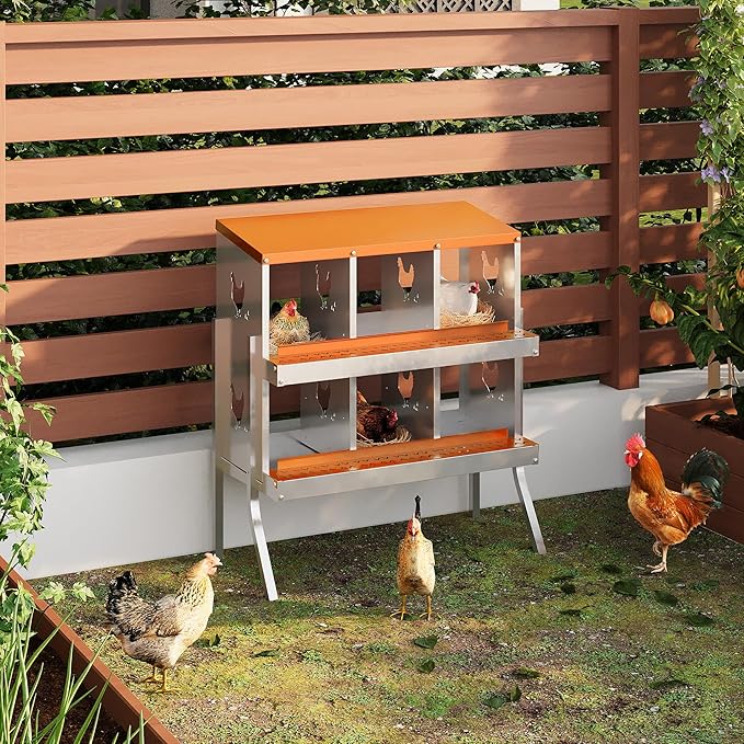 Chicken Nesting Box,6 Compartments Galvanized Steel Metal Chicken Laying Box with Roll Out Egg Collection,Wall Mount Chicken Nesting Boxes,Easy Egg Collection, Hen Roosting Boxes
