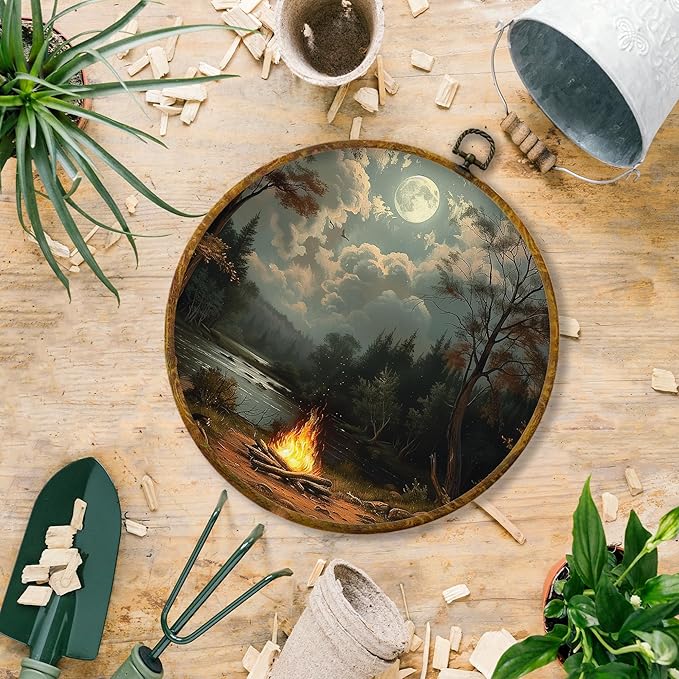 Hiuwevt Forest Campfire Round Wall Art Decor, Vintage Moody Pine Tree Campsite Framed Canvas Prints, Retro Rustic Forest Camping Round Wall Hanging Decor for Bedroom Home Decorations, 10x10 Inches