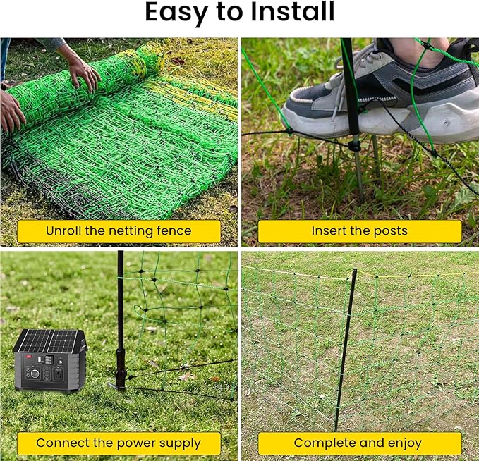 Electric Fence Netting, 164'L x 49.6" H Movable Livestock Nets for Sheep, Hogs, Cattle, PE Net Fencing Kit with 14 Posts Double Spiked, Electric Fencing for Backyards, Homesteaders, Farms Ranches