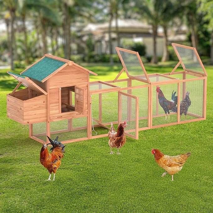 Outdoor Chicken Coop Wooden Hen House Poultry Pet Hutch Run Cage w/Waterproof Asphalt Roof, Ramp, Nesting Box, Wire Fence 121"