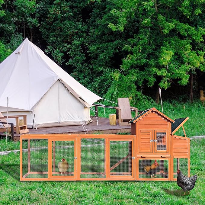 ZMAD Large Chicken Coop with Run, Wooden Hen House for 2-5 Chickens, Outdoor Chicken Run Poultry Cage Rabbit Cage Duck House with Nesting Box (Red-1)