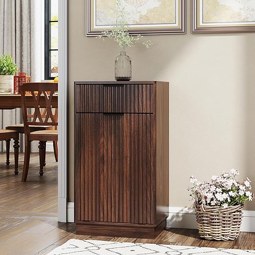 Woodgrain Tilt Out Trash Can Cabinet 13 Gallon, Hidden Kitchen Garbage Can with Drawer, Pull-Out Recycling Bin, Farmhouse Laundry Hamper Organizer (Walnut)