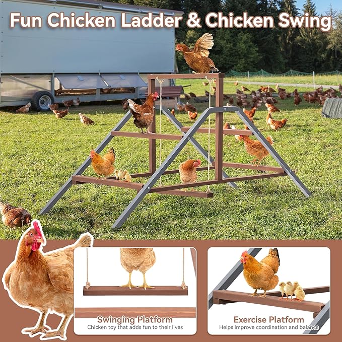 PETSFIT Chicken Perch Ladder-Solid Wood and Rustproof Iron Design, Chicken Ladder with Swing for Healthy Poultry-Ideal for Backyard Coops, Farms, Easy to Assemble and Clean