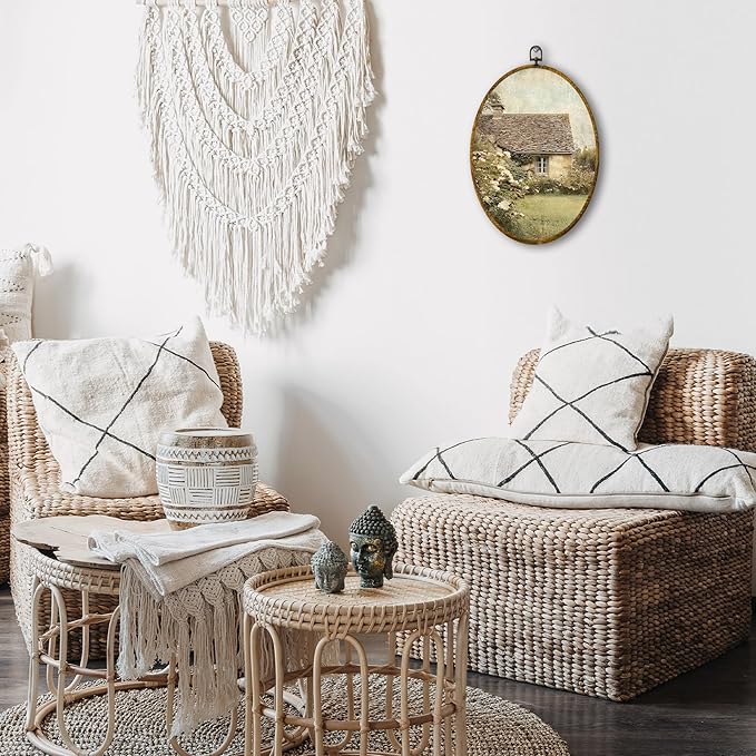 shiviody Rustic Farmhouse Country Canvas Wall Art Decor, Vintage Countryside Antique Cottagecore Landscape Oval Hanging Frame Prints Decorations for Home Bedroom Living Room 8.6"x11.4"