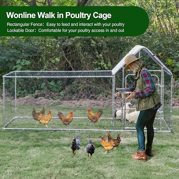 Large Metal Chicken Coop Run, Outdoor Walk-in Poultry Cage with Spire Roof, for Hen House, Duck Coop and Rabbit Run, Silver (9.8' L x 3.28' W x 4.92' H)