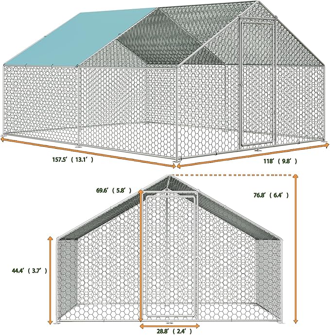 Sunny Heart Large Chicken Coop Run with Immersed Wire Mesh, Metal Chicken Coop for 6 Chickens Heavy Duty Chicken Run in for Yard with Waterproof Cover and Secure Lock -4M(158''X 77''X118'')