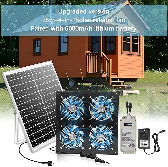 Solar Exhaust Fan for Greenhouse, Solar Chicken Coop Fan with 25W Solar Panel & 4 Pcs High-Speed Brushless DC Ventilation Fans for Shed,Attics,Barns,Dog Houses with 6000mAh Battery