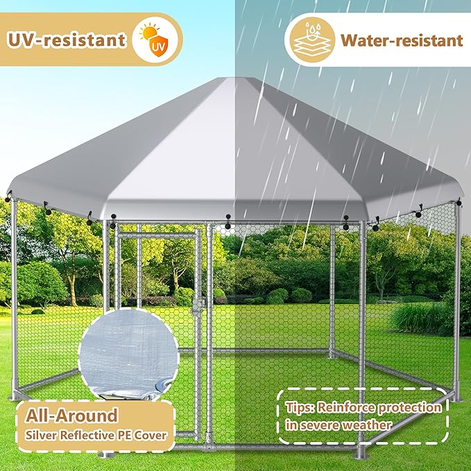 Large Metal Chicken Coop Run, 13 ft Hexagon x 8.6 ft H Chicken Runs for Yard with Cover, Outdoor Walk-in Chicken Pen for 12–20 Hens, Anti-Rust Poultry Cage with Stable Wind-Resistant Design