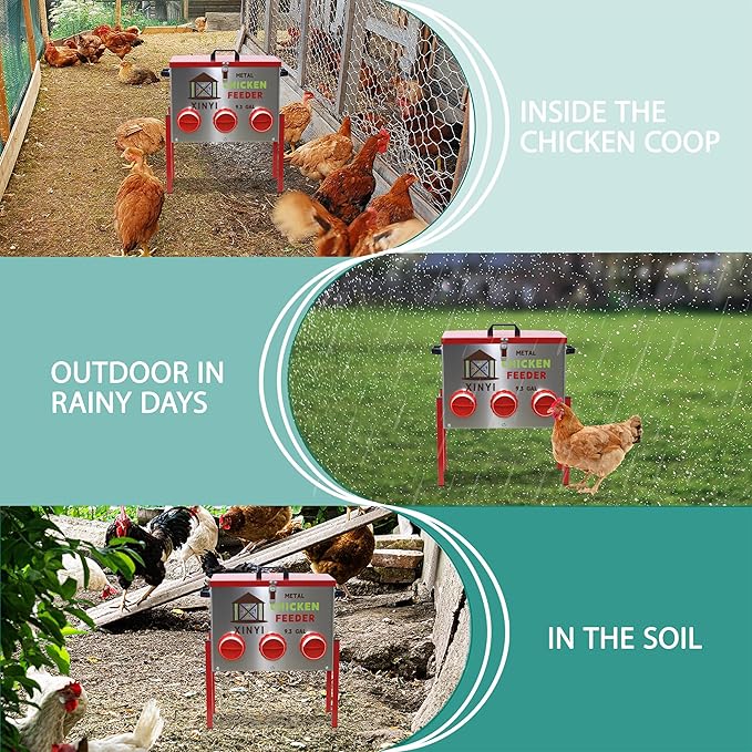 XINYI 9.3 Gallon Automatic Chicken Feeder, 6 Ports Gallon Chick Feeder No Waste with Adjustable Legs, Rodent Proof & Weatherproof Metal Raised Poultry Feeder