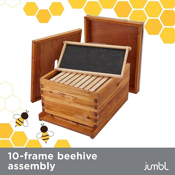 Jumbl 30 Pcs. Beekeeping Starter Set, 10-Frame Sheets White Painted Beehive for Beginners and Professionals, Comprehensive Tool Set, Introduction Booklet, 20 Bees-Wax Sheets for Candle Making