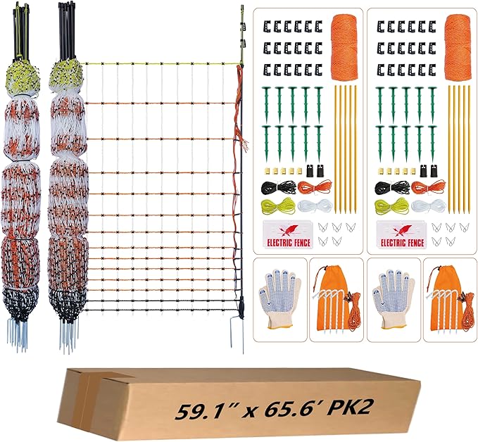 Poultry Electric Netting Fence - 47.3''H (can be Manually Raised to 59.1''H) x 65.6'L for Flying Chicken, Sheep, Goats in Farms, Ranches and Gardens, PK2