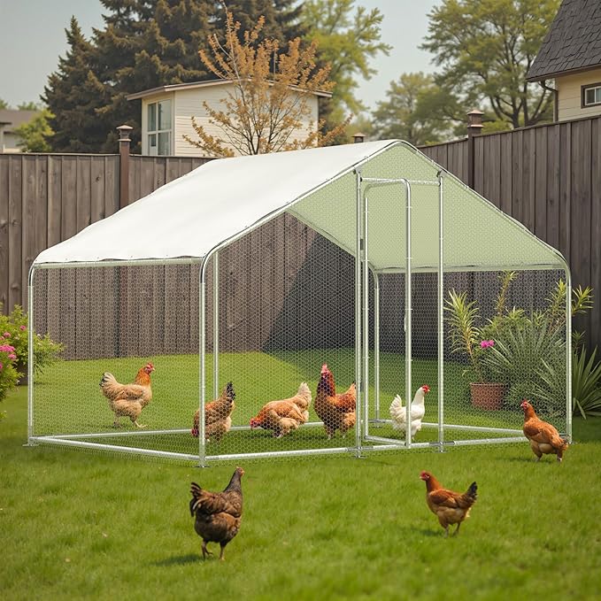 Large Metal Chicken Run, Chicken Coop with Lockable Door Spire Shape Walk-in Chicken Hen House with Waterproof & Anti-UV Cover for Duck Rabbit Habitat Cage Outdoor Poultry Cage for Yard Farm